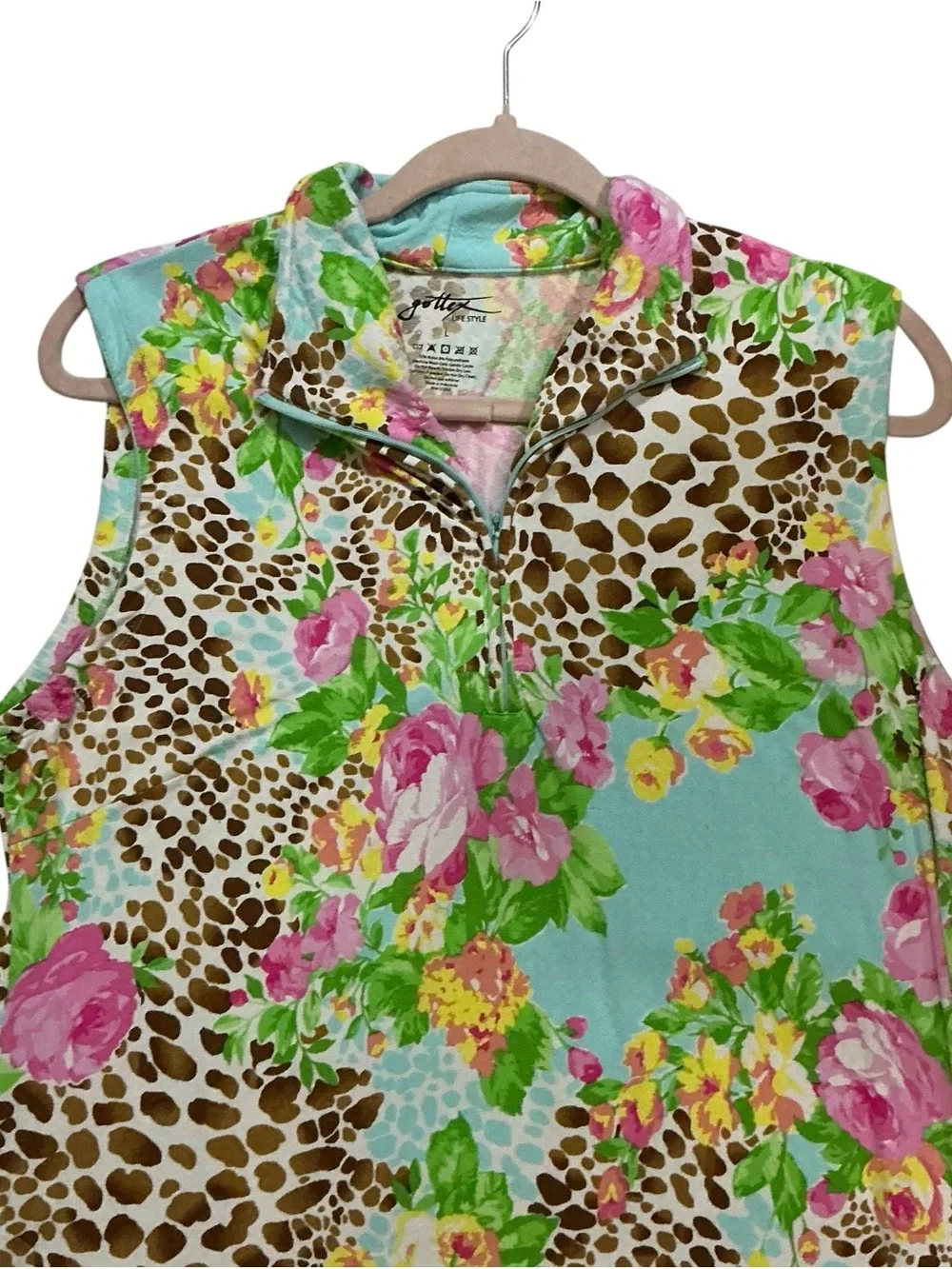 Gottex Aqua Floral & Leopard Print Sleeveless, Collared Athletic Dress sz L - Picture 6 of 6